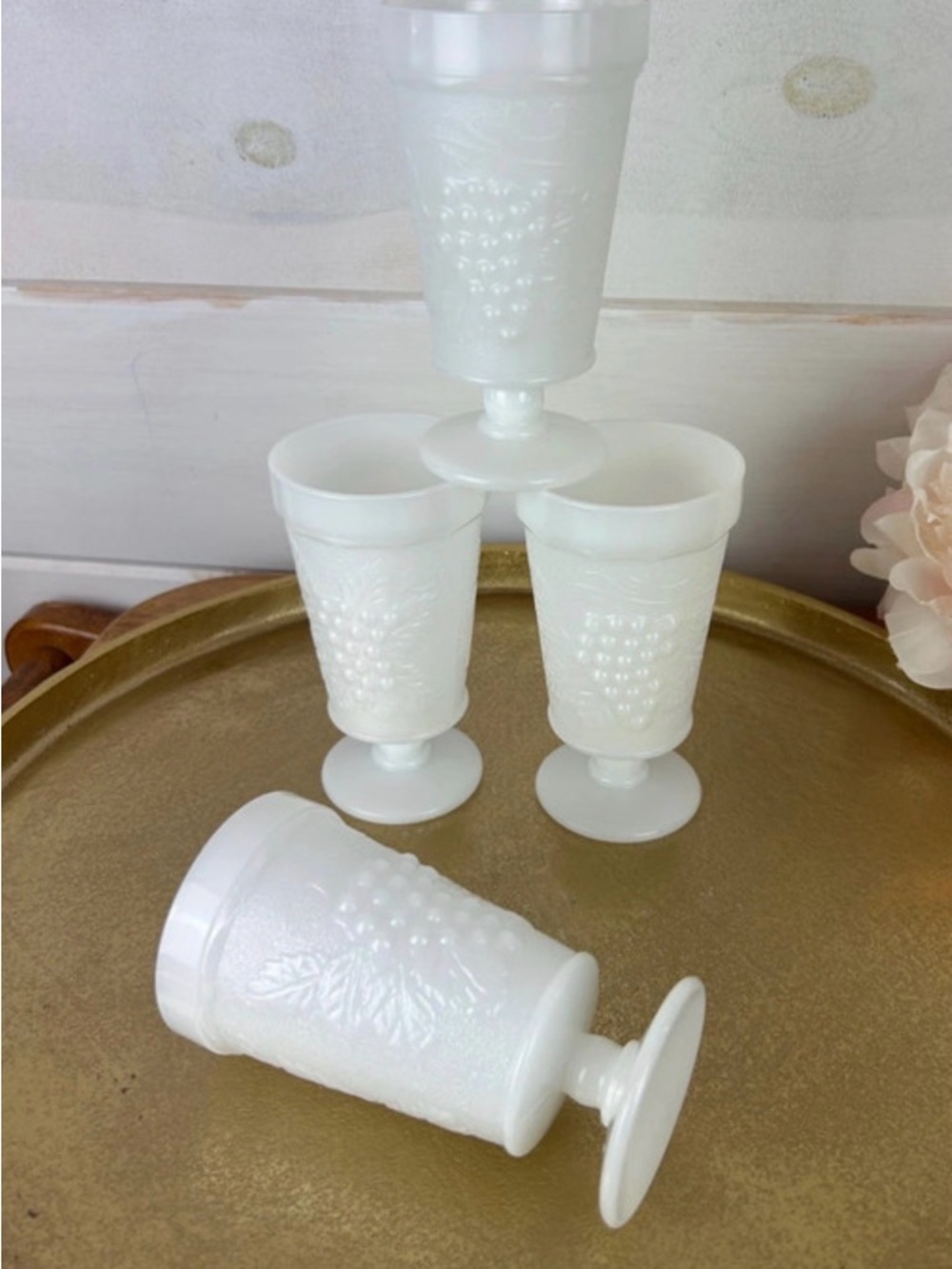 Set of 4 Vintage White Milk Glass Goblets with Grape Pattern